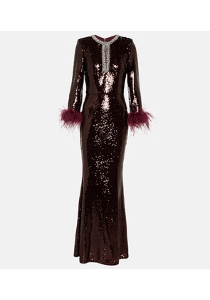 Self-Portrait Feather-trimmed sequined maxi dress