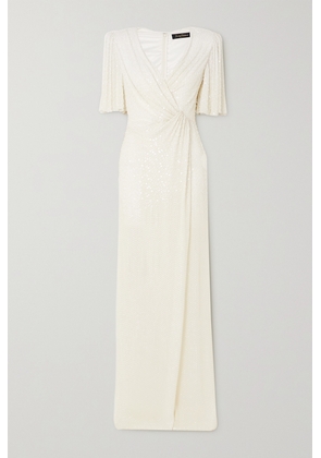 Jenny Packham - Draped Wrap-effect Embellished Chiffon Gown - White - UK 6,UK 8,UK 10,UK 12,UK 14,UK 16,UK 18