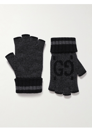 Gucci - Fingerless Monogrammed Jacquard-Knit Cashmere Gloves - Men - Gray - S