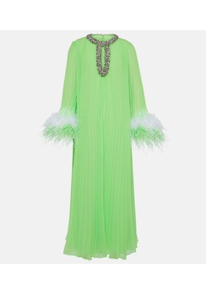 Self-Portrait Pleated feather-trimmed chiffon gown
