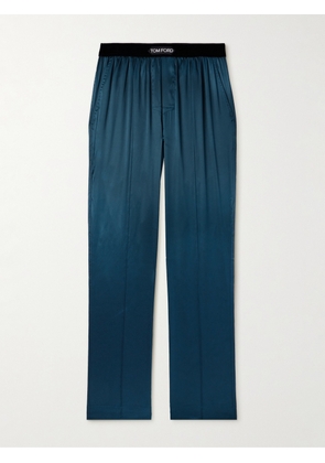 TOM FORD - Velvet-Trimmed Stretch-Silk Satin Pyjama Trousers - Men - Blue - S