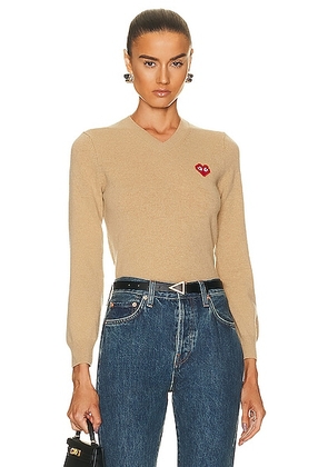 COMME des GARCONS PLAY Invader V-Neck Pullover Sweater in Camel - Beige. Size S (also in XS).