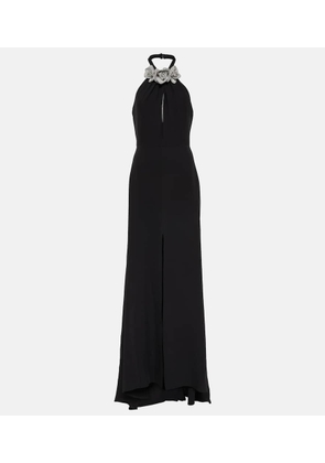 Valentino Floral-appliqué cutout front-slit gown