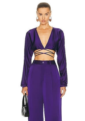 Lapointe Doubleface Satin Long Sleeve Tie Waist Top in Violet - Purple. Size 8 (also in 0, 2, 4, 6).