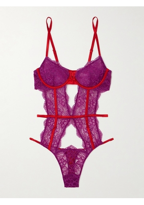 Fleur du Mal - Naomi Silk-blend Satin-trimmed Cutout Stretch-lace Thong Bodysuit - Pink - x small,small,medium,large