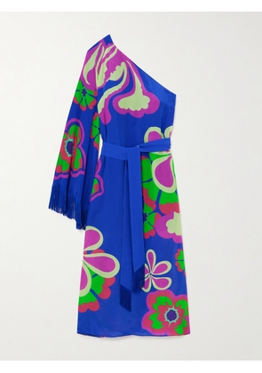 Borgo de Nor - Aubrey Belted One-sleeve Fringed Floral-print Crepe Midi Dress - Blue - UK 6,UK 8,UK 10,UK 12,UK 14