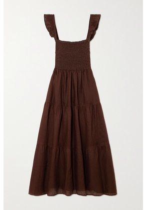 Faithfull - + Net Sustain Benito Smocked Tiered Linen Midi Dress - Brown - x small,small,medium,large,x large,xx large