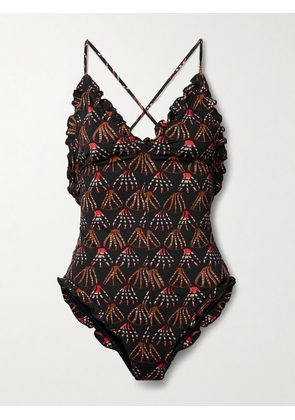 Ulla Johnson - Giordana Ruffled Ruched Printed Swimsuit - Brown - x small,small,medium,large,x large