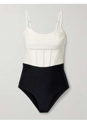 PatBO - Draped Paneled Two-tone Stretch And Mesh Swimsuit - Black - x small,small,medium,large,x large