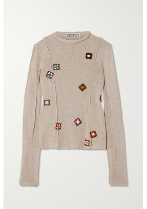 SIEDRÉS - Neta Appliquéd Linen-blend Sweater - Gray - x small,small,medium,large,x large