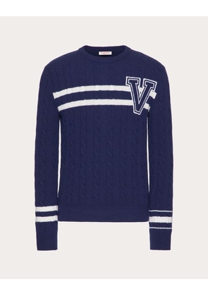 Valentino CREWNECK SWEATER IN WOOL WITH EMBROIDERED V PATCH Man NAVY/IVORY L