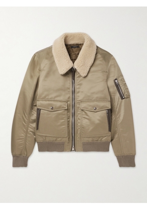 TOM FORD - Shearling and Leather-Trimmed Padded Shell Bomber Jacket - Men - Green - IT 46