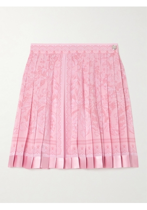 Versace - Pleated Satin-trimmed Floral-print Crepe De Chine Mini Skirt - Pink - IT36,IT38,IT40,IT42,IT44,IT46,IT48
