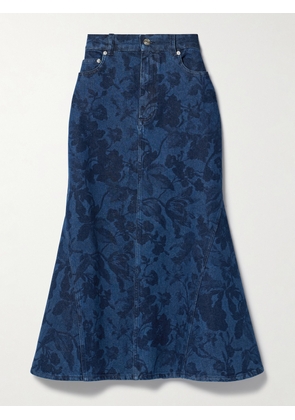 Erdem - Leather-trimmed Floral-print Denim Midi Skirt - Blue - UK 4,UK 6,UK 8,UK 10,UK 12,UK 14,UK 16,UK 18,UK 20