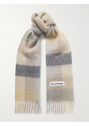 Acne Studios - Appliquéd Fringed Checked Brushed-knit Scarf - Neutrals - One size