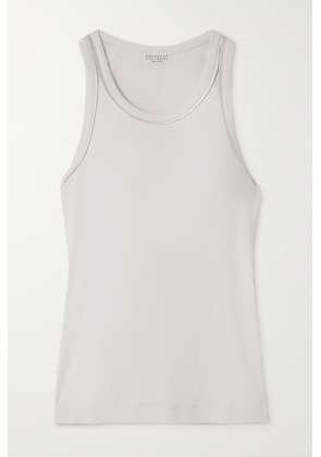 Brunello Cucinelli - Satin-trimmed Ribbed Cotton-blend Jersey Tank - White - xx small,x small,small,medium,large,x large,xx large