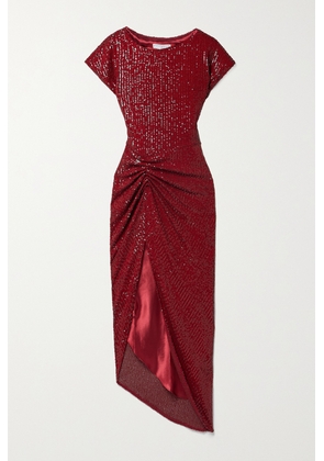 In The Mood For Love - Bercot Asymmetric Ruched Sequined Tulle Midi Dress - Burgundy - x small,small,medium,large,x large