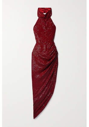 In The Mood For Love - Marissa Asymmetric Sequined Tulle Halterneck Gown - Burgundy - x small,small,medium,large,x large