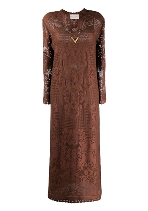 Valentino Garavani embroidered-lace overlay long-sleeved midi dress - Brown