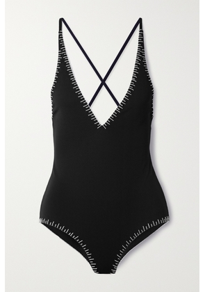 Marysia - Sole Embroidered Seersucker Swimsuit - Black - x small,small,medium,large,x large