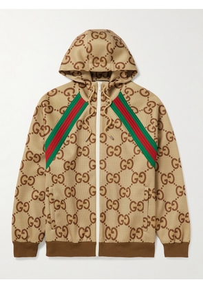 Gucci - Webbing-Trimmed Logo-Print Stretch-Jersey Hooded Jacket - Men - Neutrals - S