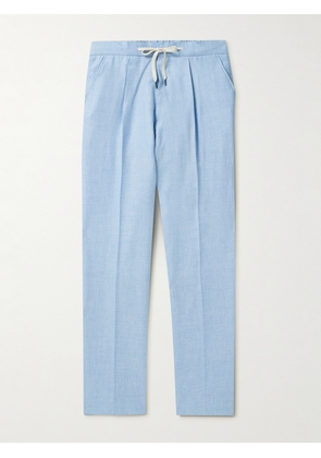 Mr P. - Tapered Pleated Virgin Wool, Linen and Silk-Blend Drawstring Trousers - Men - Blue - 28