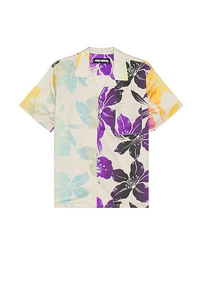 DOUBLE RAINBOUU Short Sleeve Hawaiian Shirt in Futuro Beach - Ivory. Size S (also in M, XL/1X).