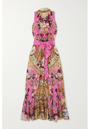Camilla - Tie-detailed Crystal-embellished Printed Silk-crepe Maxi Dress - Pink - xx small,x small,small,medium,large,x large,xx large