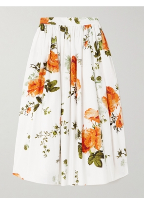 Erdem - Gathered Floral-print Cotton-poplin Midi Skirt - White - UK 4,UK 6,UK 8,UK 10,UK 12,UK 14,UK 16,UK 18