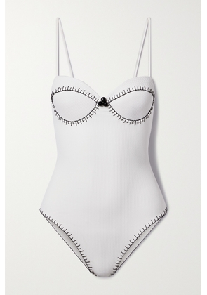 Marysia - Salento Embellished Embroidered Seersucker Underwired Swimsuit - White - x small,small,medium,large,x large