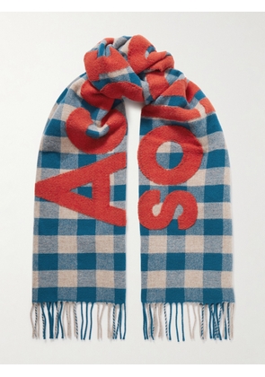 Acne Studios - Appliquéd Fringed Checked Wool-blend Scarf - Blue - One size