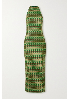 Dima Ayad - Metallic Jacquard-knit Halterneck Maxi Dress - Green - XS,S,M,L,XL,XXL,XXXL