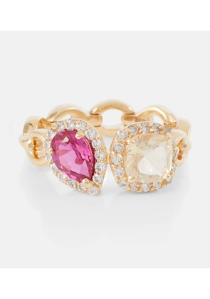 Nadine Aysoy Catena Double 18kt gold ring with sapphire, rubellite and diamonds