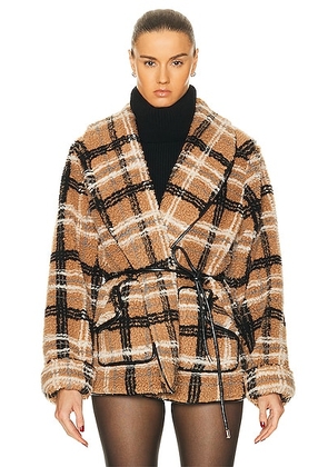 SIMKHAI Kimia Tie Waist Jacket in Camel Plaid - Brown. Size XS (also in S, M).