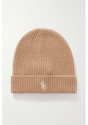 Sporty & Rich - Embroidered Ribbed Cashmere Beanie - Brown - One size