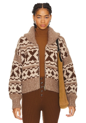 FRAME Fairisle Zip Sweater in Brown. Size L.