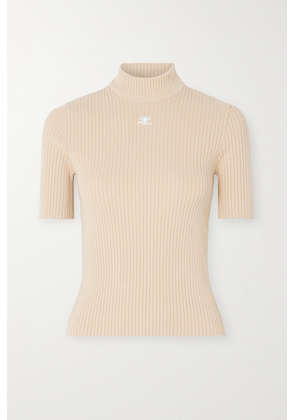 COURREGES - Embroidered Ribbed-knit Top - Neutrals - x small,small,medium,large,x large