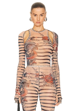 Jean Paul Gaultier Printed Mariniere Tattoo Long Sleeve Shawl in Nude  Blue  & Red - Nude. Size S (also in L, XS, XXS).