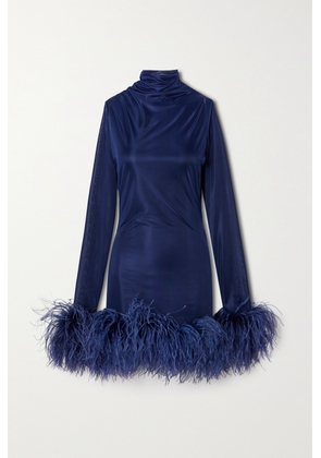 16ARLINGTON - Luna Feather-trimmed Stretch-jersey Turtleneck Mini Dress - Blue - UK 4,UK 6,UK 8,UK 10,UK 12,UK 14,UK 16