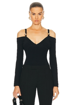NICHOLAS Leah Off Shoulder Corset Long Sleeve Top in Black - Black. Size L (also in M, S, XS).