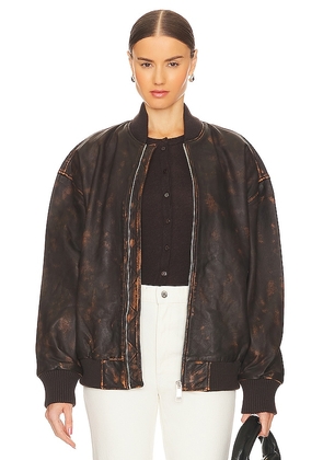 GRLFRND Distressed Leather Oversized Bomber in Brown. Size M, S, XL, XS.