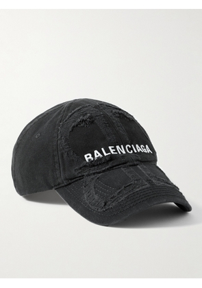 Balenciaga - BB Distressed Logo-Embroidered Cotton-Twill Baseball Cap - Men - Black - S