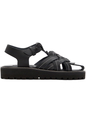 Y's Black Leather Knitted Sandals