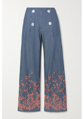 Loretta Caponi - + Net Sustain Alicia Embroidered Striped Cotton-twill Straight-leg Pants - x small,small,medium,large,x large