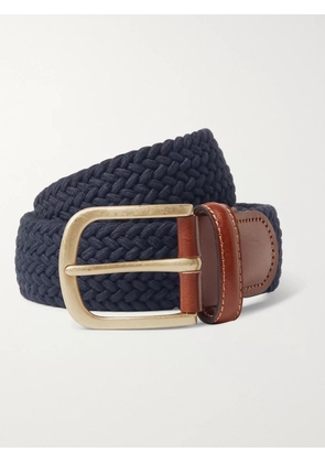 Anderson & Sheppard - 3.5cm Midnight-Blue Leather-Trimmed Woven Stretch-Cotton Belt - Men - Blue - S