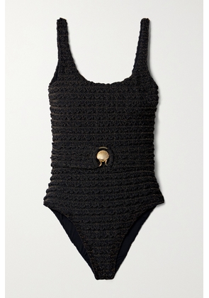 PatBO - Belted Metallic Ribbed-knit Swimsuit - Black - x small,small,medium,large,x large
