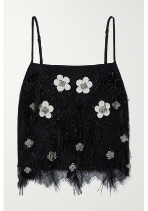 Sea - Bethany Feather-trimmed Embellished Lace Tank - Black - xx small,x small,small,medium,large,x large