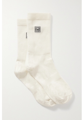 TOTEME - Set Of Two Embroidered Ribbed Organic Cotton-blend Socks - Off-white - S,M,L