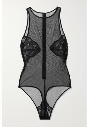 Kiki de Montparnasse - Nudite Silk-blend Satin And Corded Lace-trimmed Mesh Thong Bodysuit - Black - x small,small