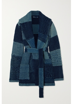 Polo Ralph Lauren - Belted Patchwork Cable-knit Cotton Cardigan - Blue - x small,small,medium,large,x large